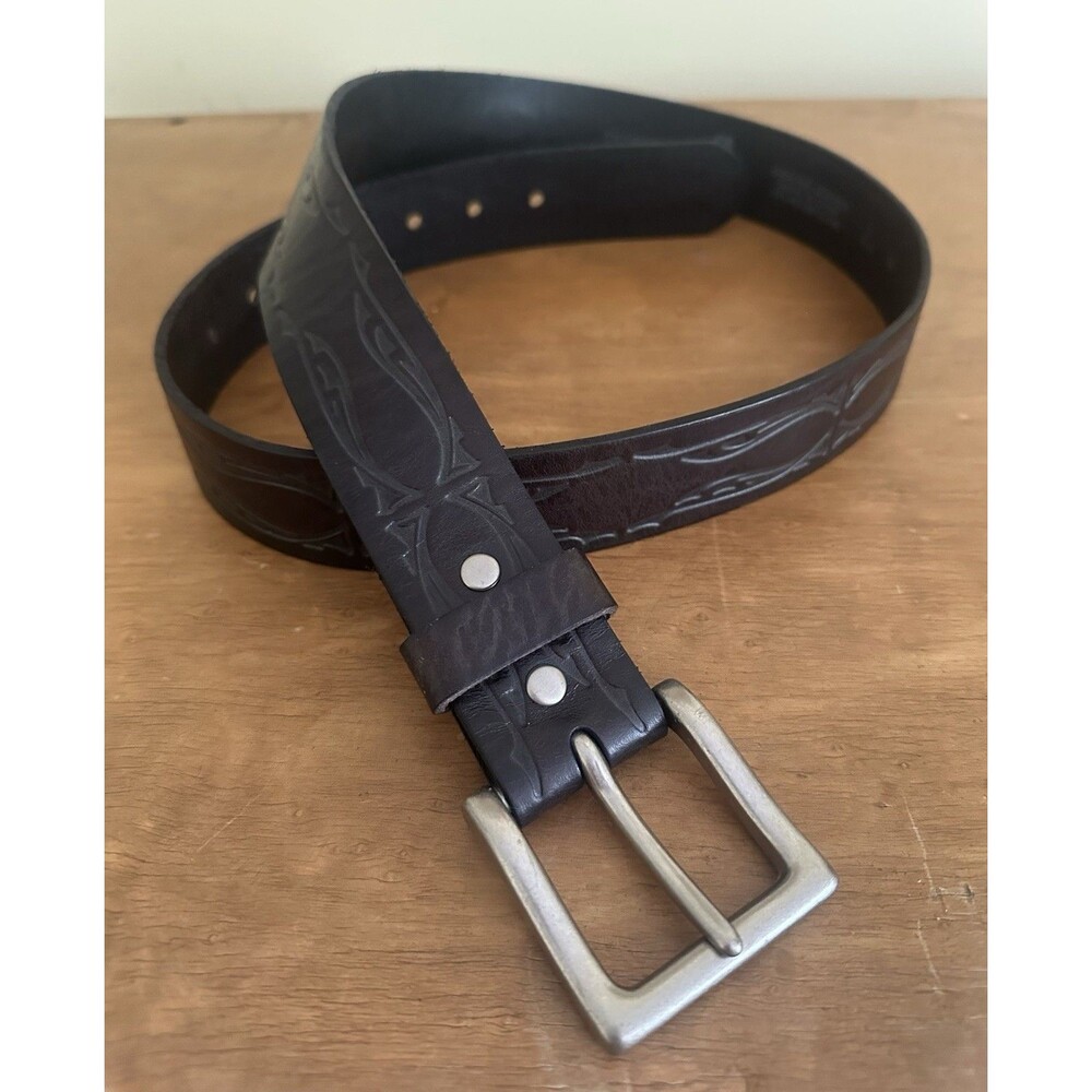 Vintage Levi's Leather Belt L 38-40 Brown Tribal Embossed Distressed Biker Snap